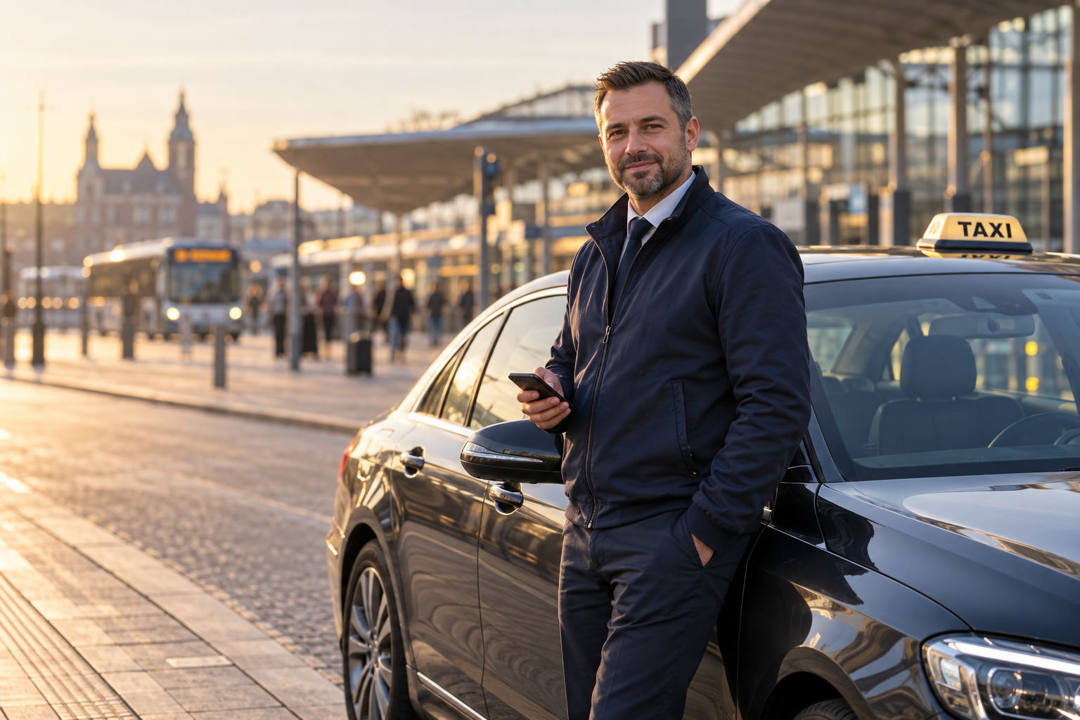 Sfeerbeeld van een taxichauffeur bij zijn geparkeerde taxi